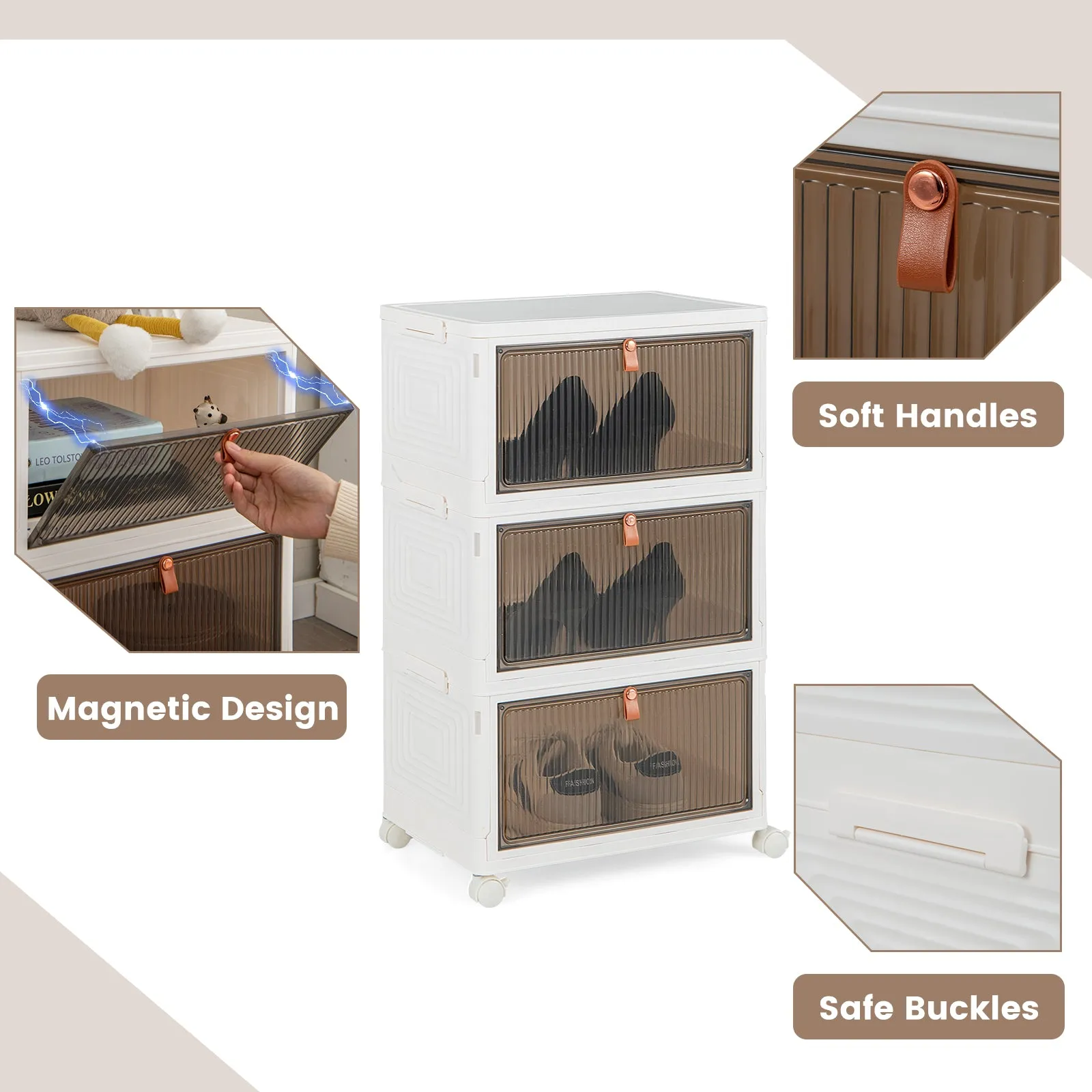 3/4/6-Tier Stackable Shoe Storage Box with Lockable Wheels-3-Tier