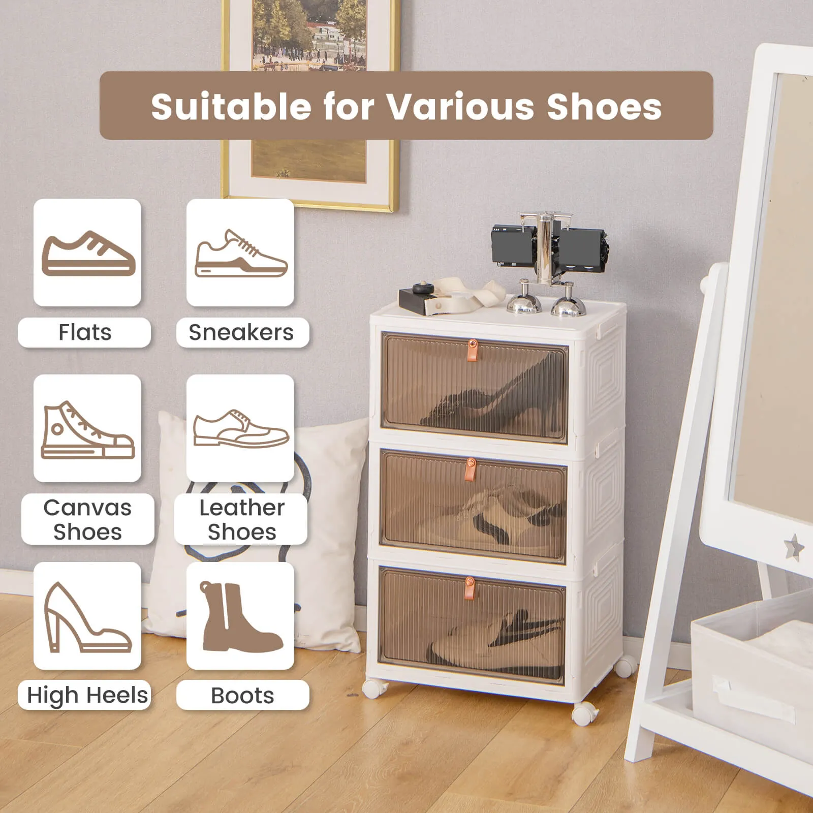 3/4/6-Tier Stackable Shoe Storage Box with Lockable Wheels-3-Tier