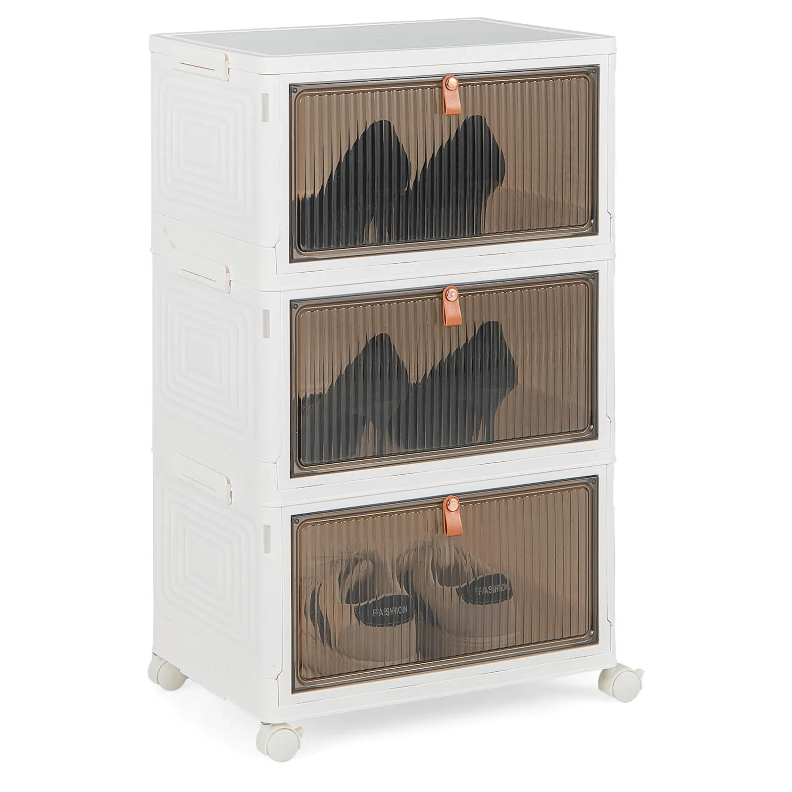 3/4/6-Tier Stackable Shoe Storage Box with Lockable Wheels-3-Tier