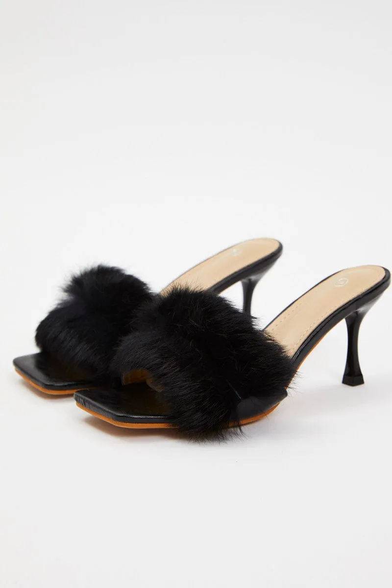 Black Faux Fur Heel Mules