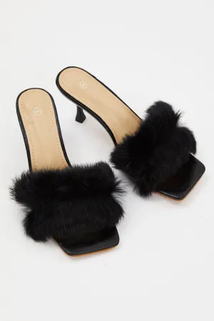 Black Faux Fur Heel Mules