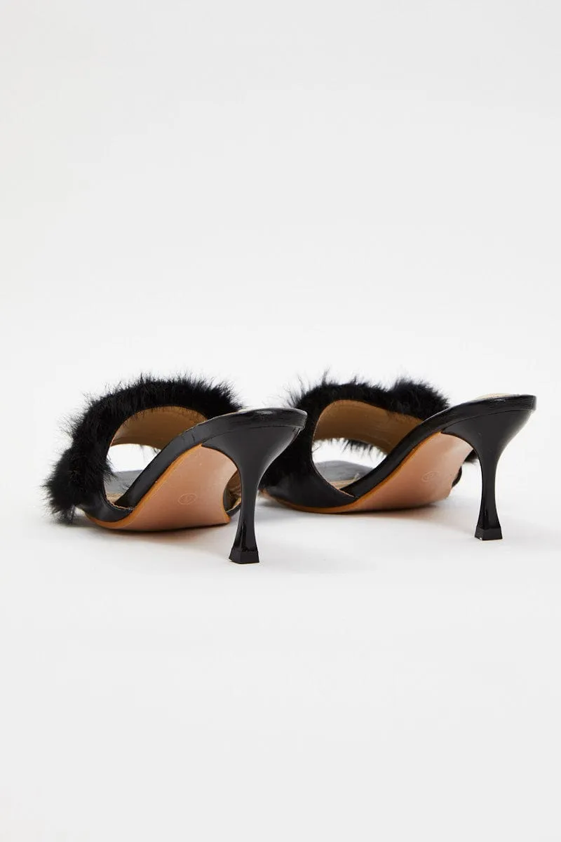 Black Faux Fur Heel Mules