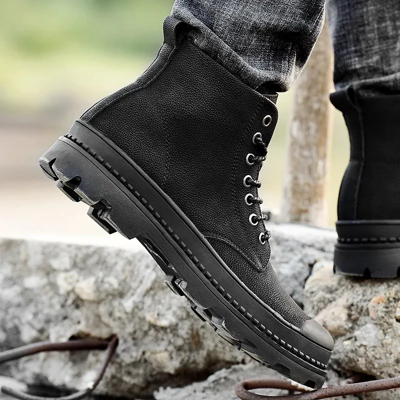 Black Warm Winter Men's Genuine Leather Ankle Boots.