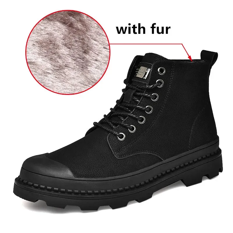 Black Warm Winter Men's Genuine Leather Ankle Boots.