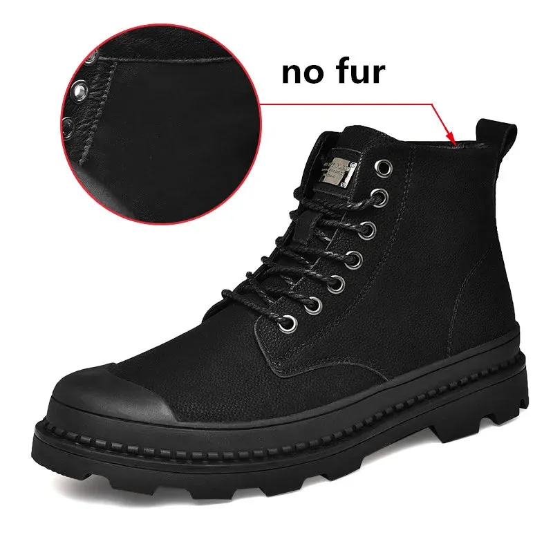 Black Warm Winter Men's Genuine Leather Ankle Boots.