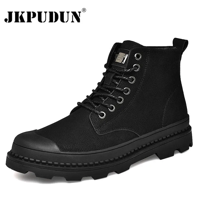 Black Warm Winter Men's Genuine Leather Ankle Boots.
