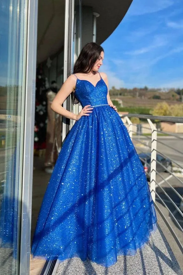 Blue A-Line Tulle Long Prom Dress Sparkly Formal Evening Dresses PSK394