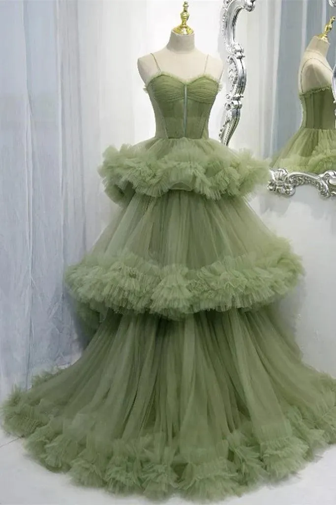Elegant Straps Pleated Green Tiered Tulle Prom Formal Dress  PSK417