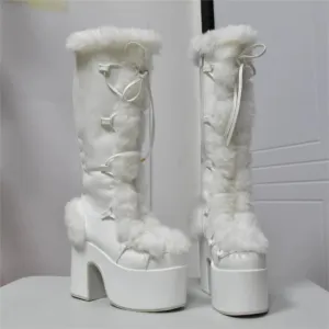 Fur Furry Boots | Chunky High Heel Knee Boots