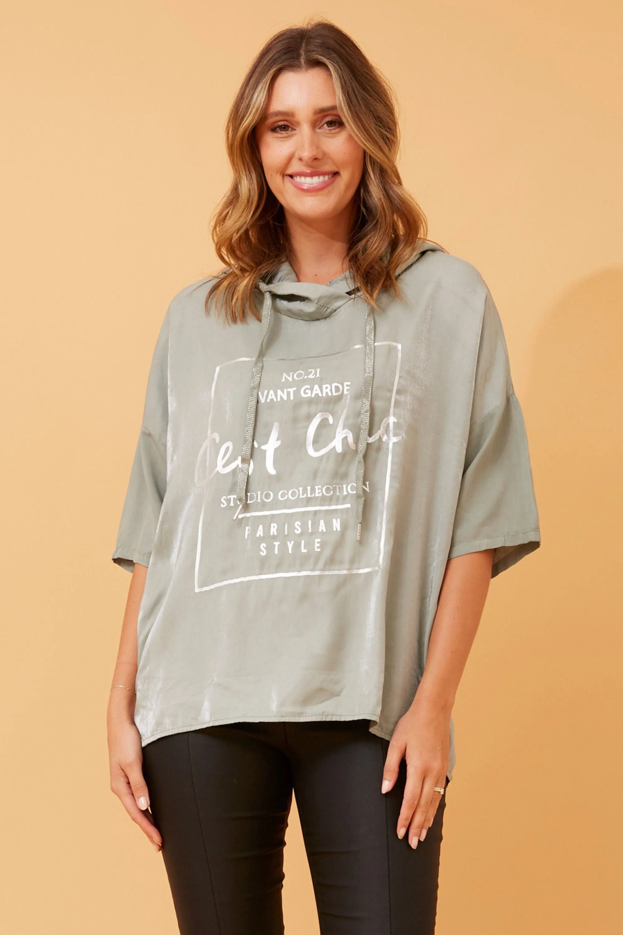 Graphic Foil Print Hooded Top - Sage