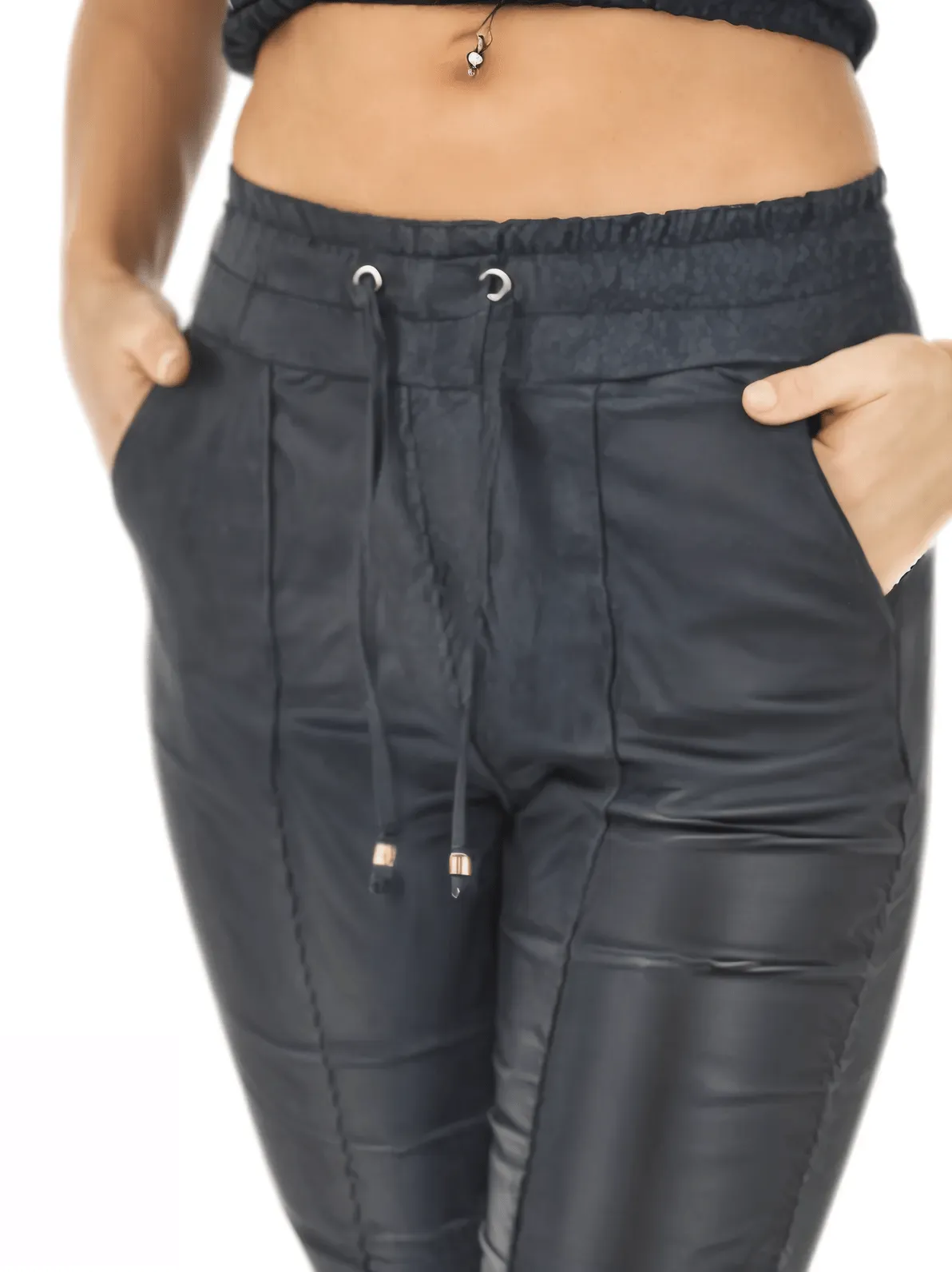 Leather like Jogger Pants with Adjustable Waistband & Gold Accents Black