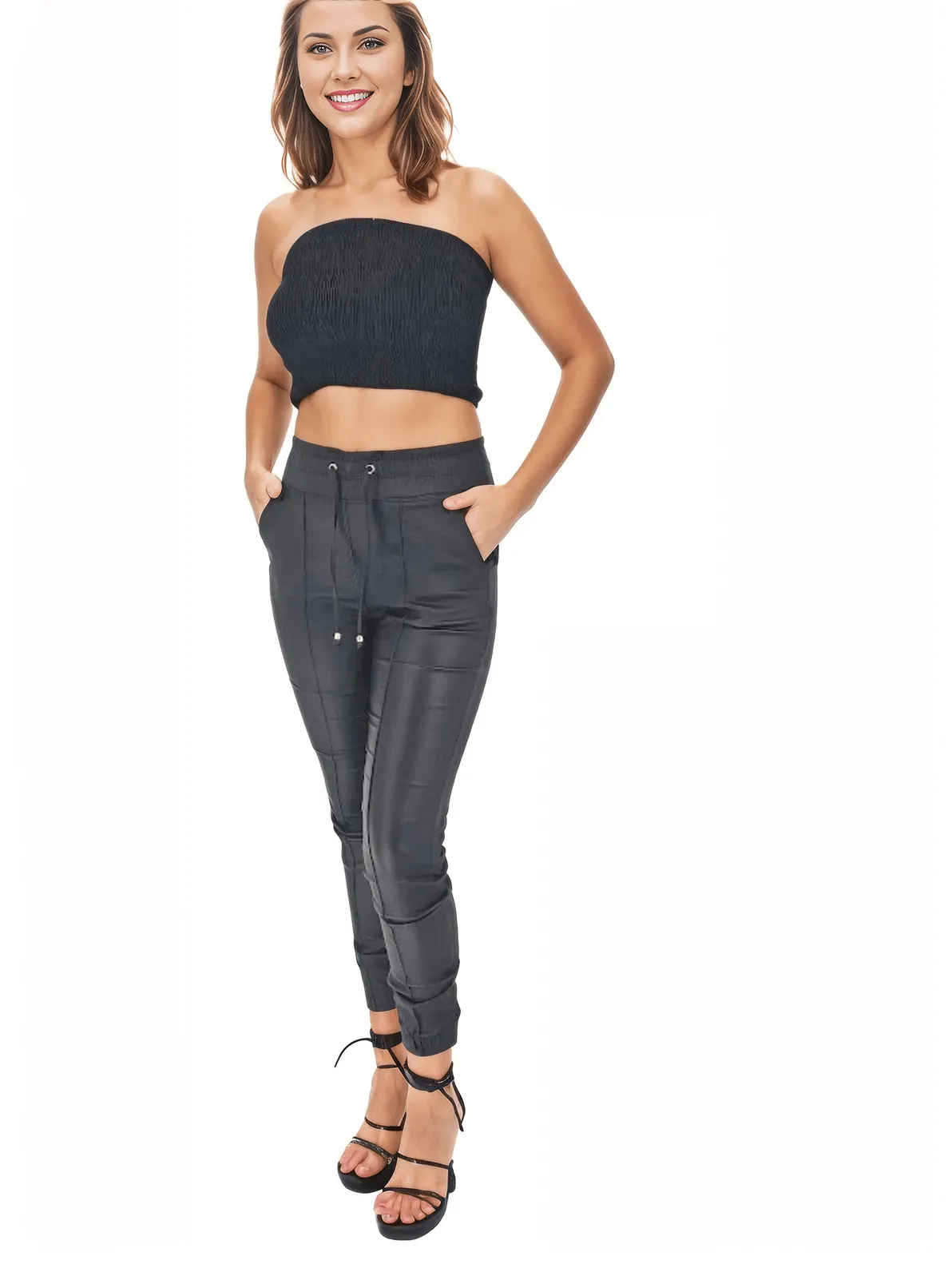 Leather like Jogger Pants with Adjustable Waistband & Gold Accents Black