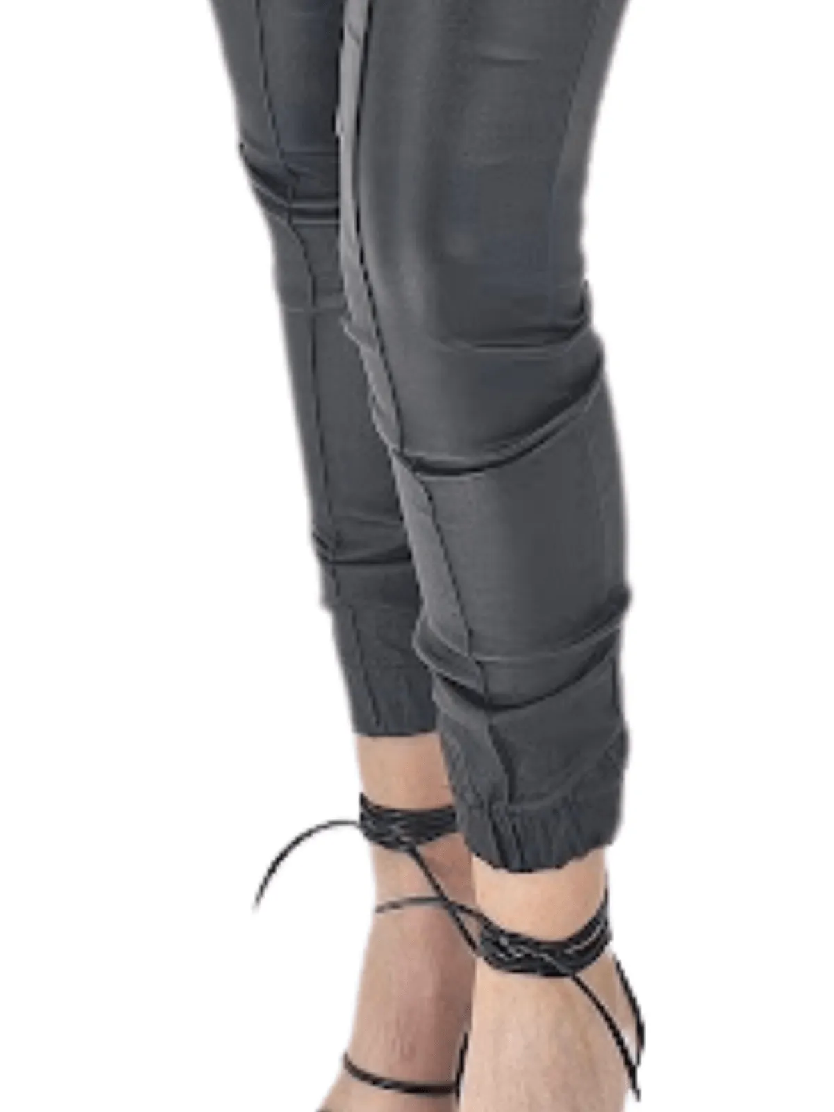 Leather like Jogger Pants with Adjustable Waistband & Gold Accents Black