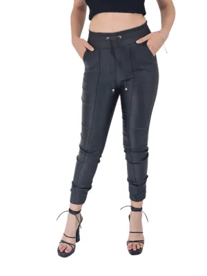 Leather like Jogger Pants with Adjustable Waistband & Gold Accents Black