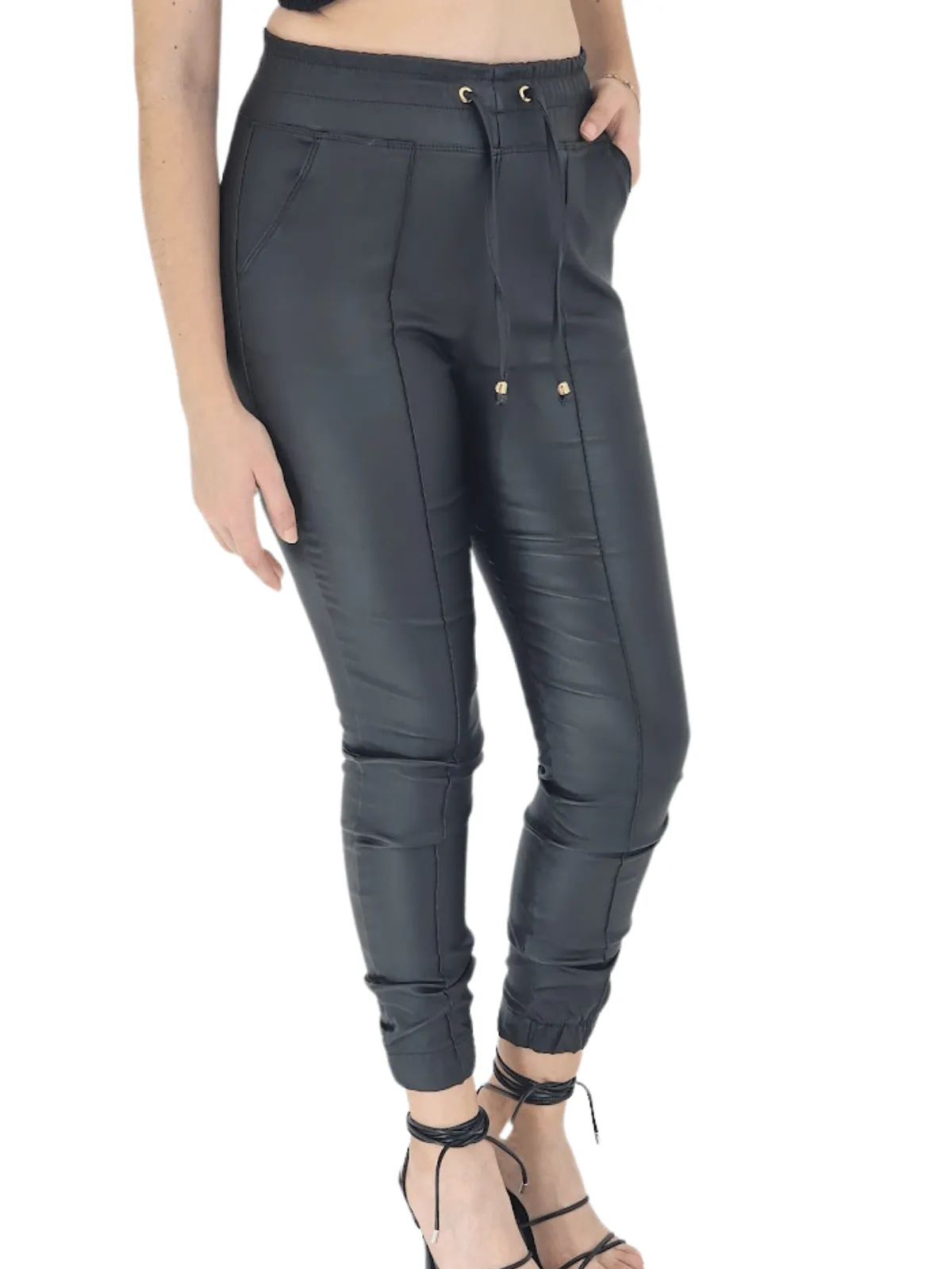 Leather like Jogger Pants with Adjustable Waistband & Gold Accents Black