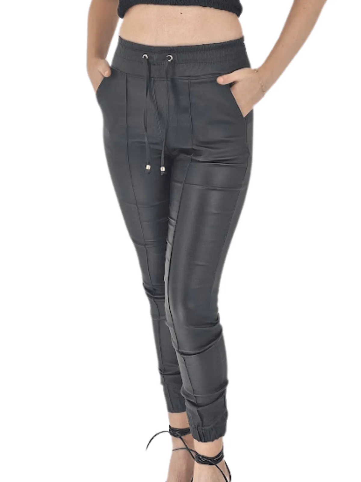 Leather like Jogger Pants with Adjustable Waistband & Gold Accents Black