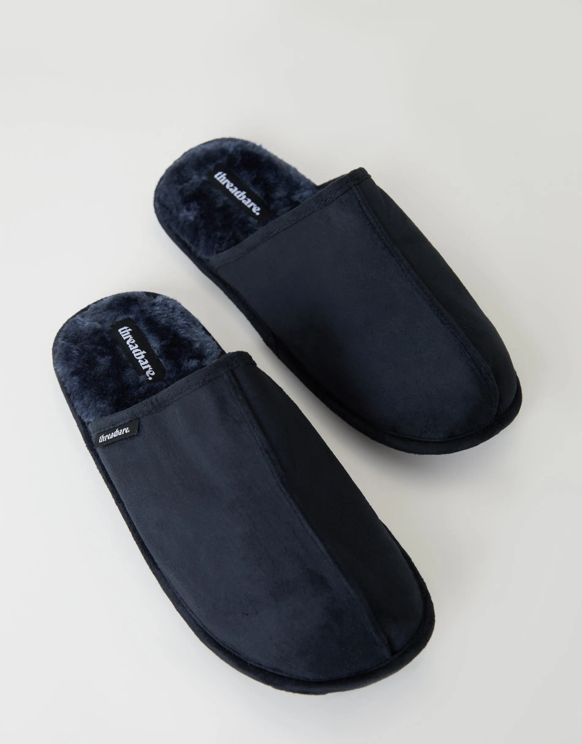Men's Navy Suedette Mule Slippers with Faux Fur Lining