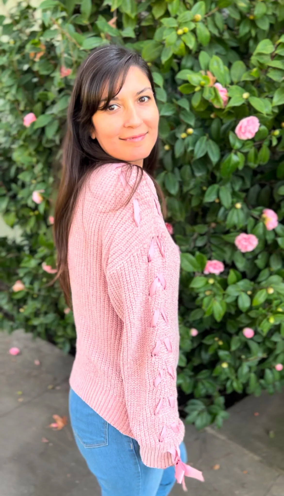 Pink Lace-Up Sleeve Knitted Sweater – Cozy Women's Pullover