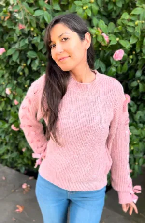 Pink Lace-Up Sleeve Knitted Sweater – Cozy Women's Pullover