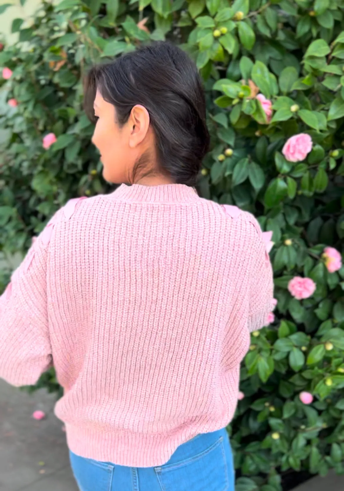 Pink Lace-Up Sleeve Knitted Sweater – Cozy Women's Pullover