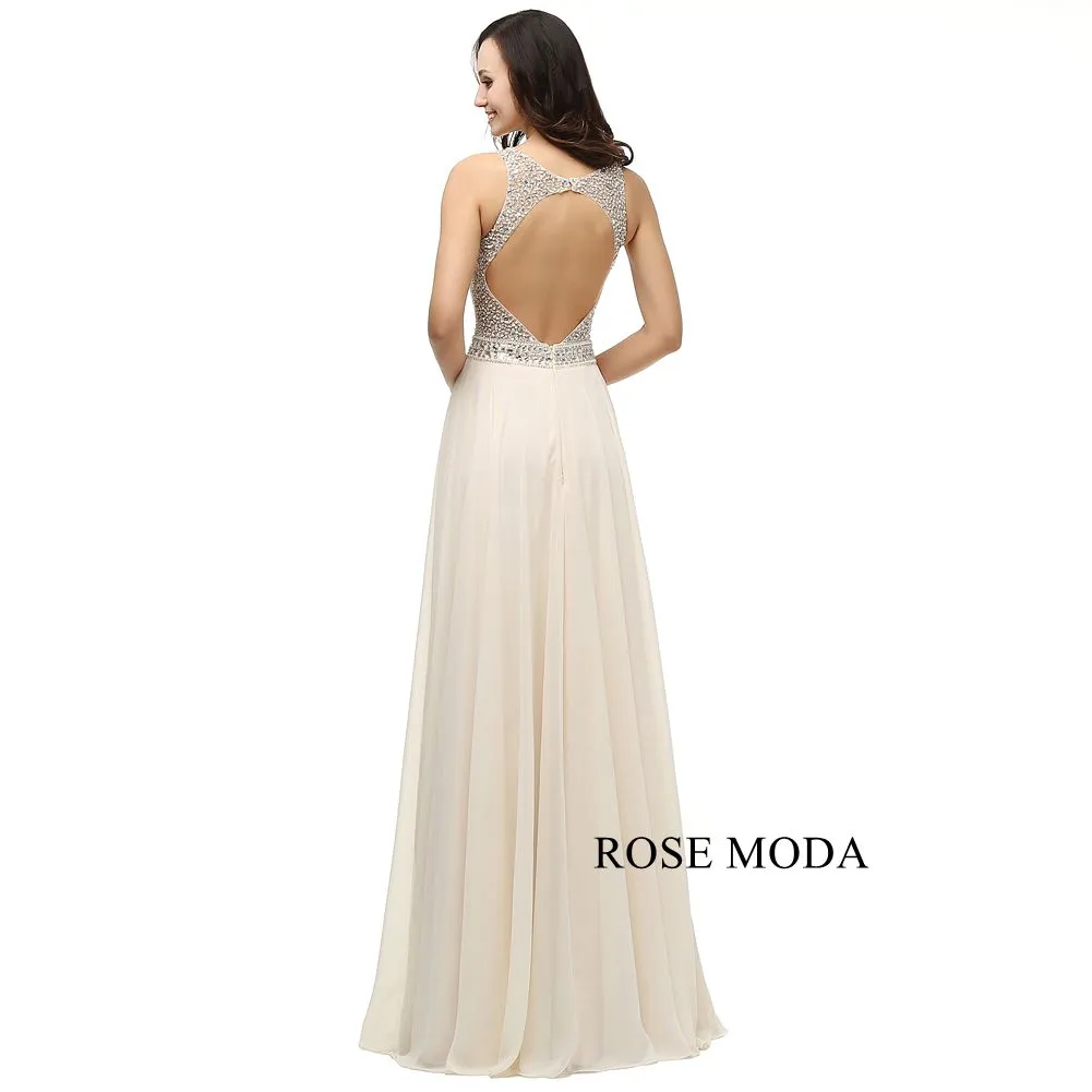 Rosemoda Beaded Chiffon Long A Line Prom Dress With Cut Out Back
