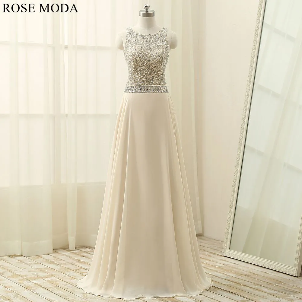 Rosemoda Beaded Chiffon Long A Line Prom Dress With Cut Out Back