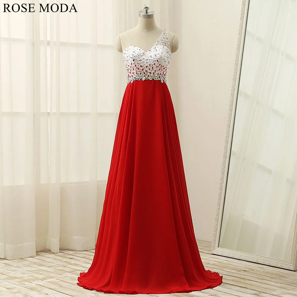 Rosemoda One Shoulder  White And Red Women Formal Long Prom Dress