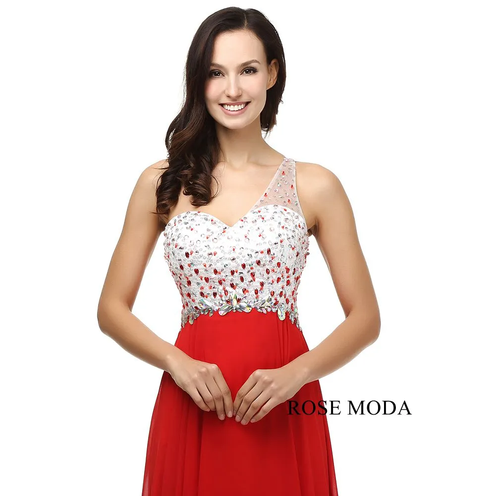 Rosemoda One Shoulder  White And Red Women Formal Long Prom Dress