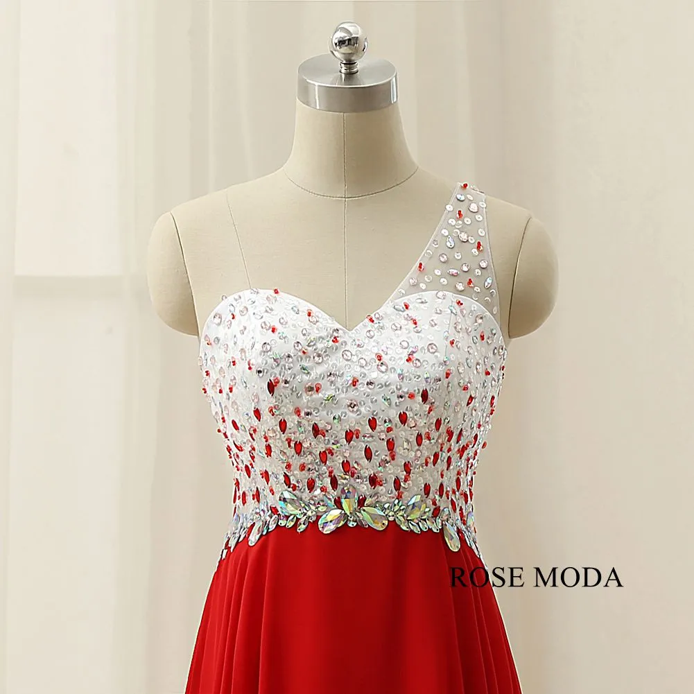 Rosemoda One Shoulder  White And Red Women Formal Long Prom Dress