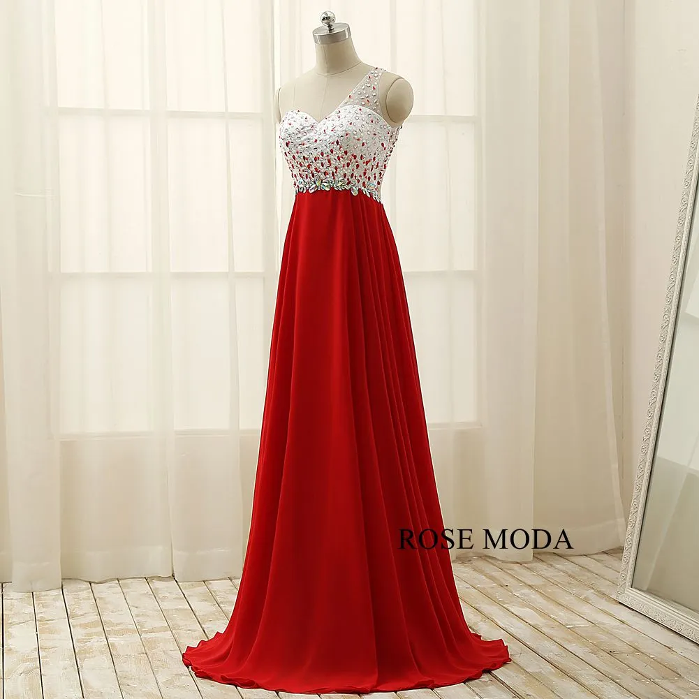 Rosemoda One Shoulder  White And Red Women Formal Long Prom Dress
