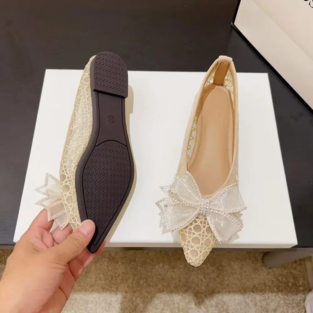 SAILING LU Bow-Knot Ballet Flats for Women Pointed Toe Rhinestones Dress Shoes Comfort Lightweight Loafers