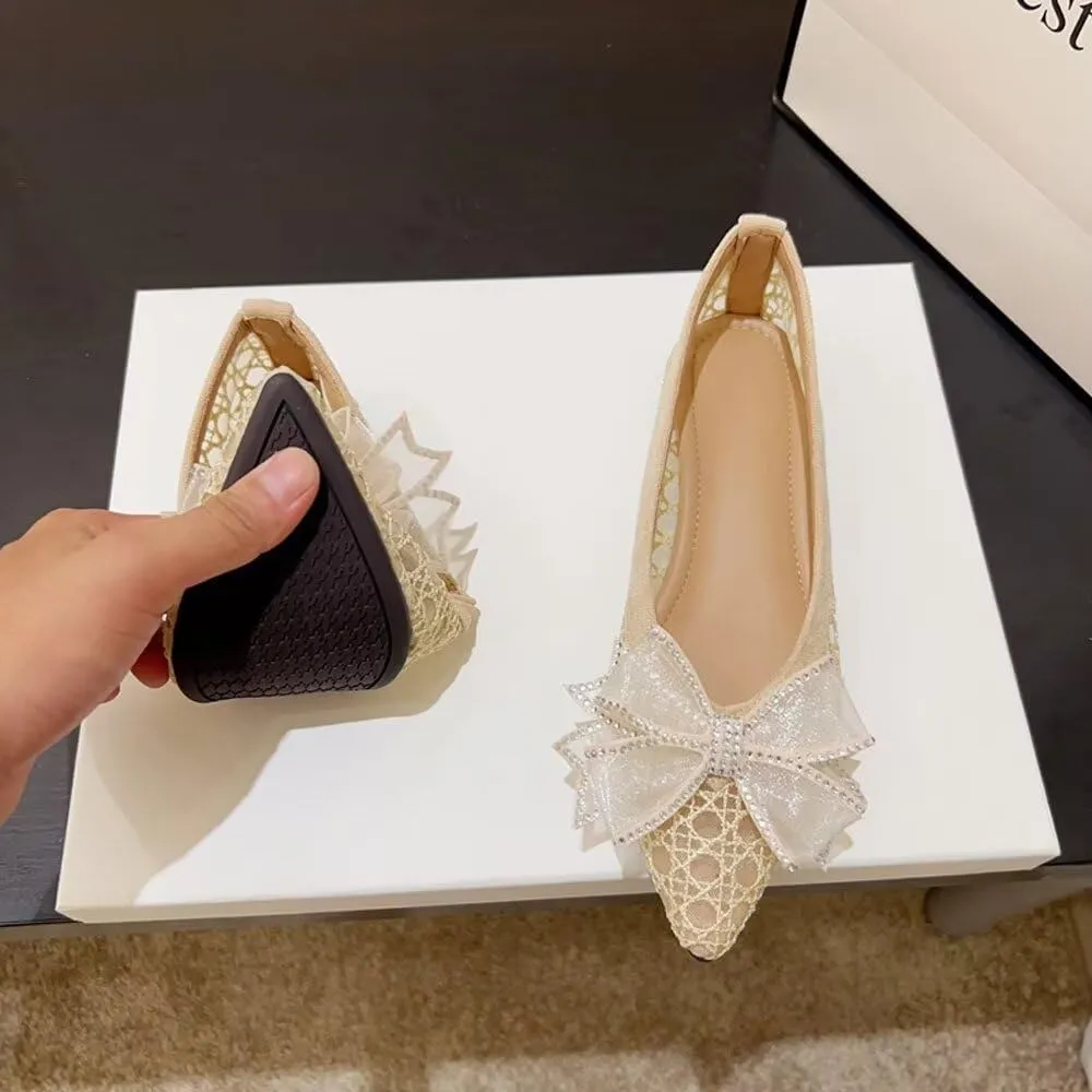SAILING LU Bow-Knot Ballet Flats for Women Pointed Toe Rhinestones Dress Shoes Comfort Lightweight Loafers