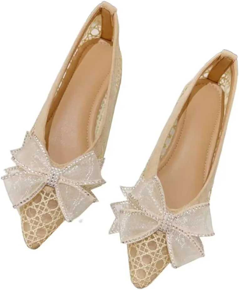 SAILING LU Bow-Knot Ballet Flats for Women Pointed Toe Rhinestones Dress Shoes Comfort Lightweight Loafers
