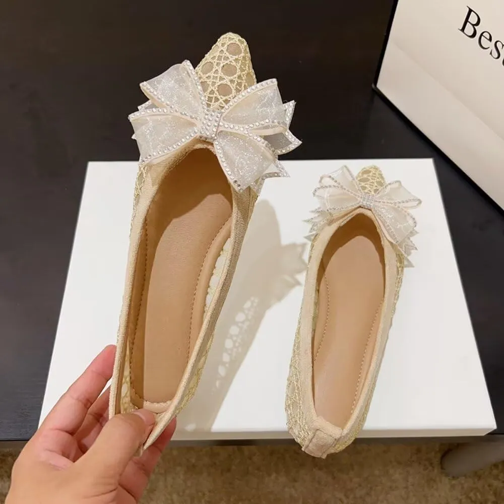 SAILING LU Bow-Knot Ballet Flats for Women Pointed Toe Rhinestones Dress Shoes Comfort Lightweight Loafers