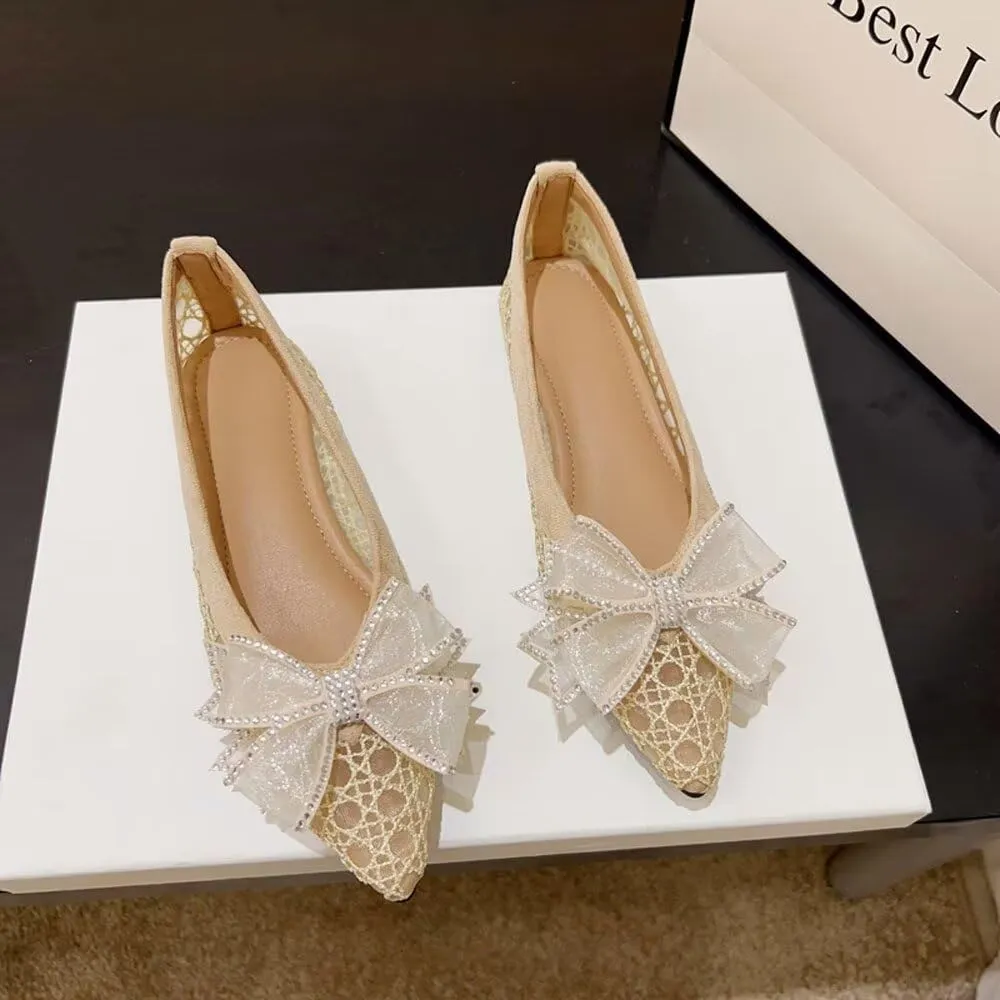 SAILING LU Bow-Knot Ballet Flats for Women Pointed Toe Rhinestones Dress Shoes Comfort Lightweight Loafers