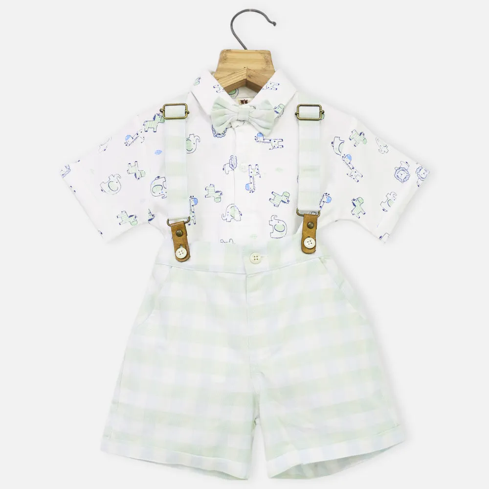 White Printed T-Shirt & Checked Shorts With Suspender Set