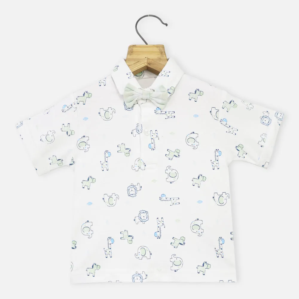 White Printed T-Shirt & Checked Shorts With Suspender Set