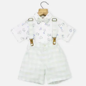 White Printed T-Shirt & Checked Shorts With Suspender Set