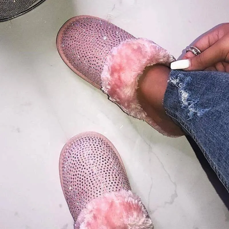 Women Soft Plush Rhinestone Faux Fur Slippers