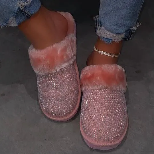 Women Soft Plush Rhinestone Faux Fur Slippers