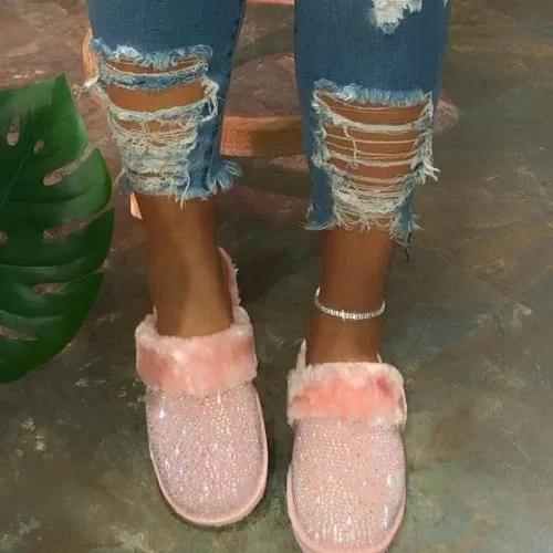 Women Soft Plush Rhinestone Faux Fur Slippers