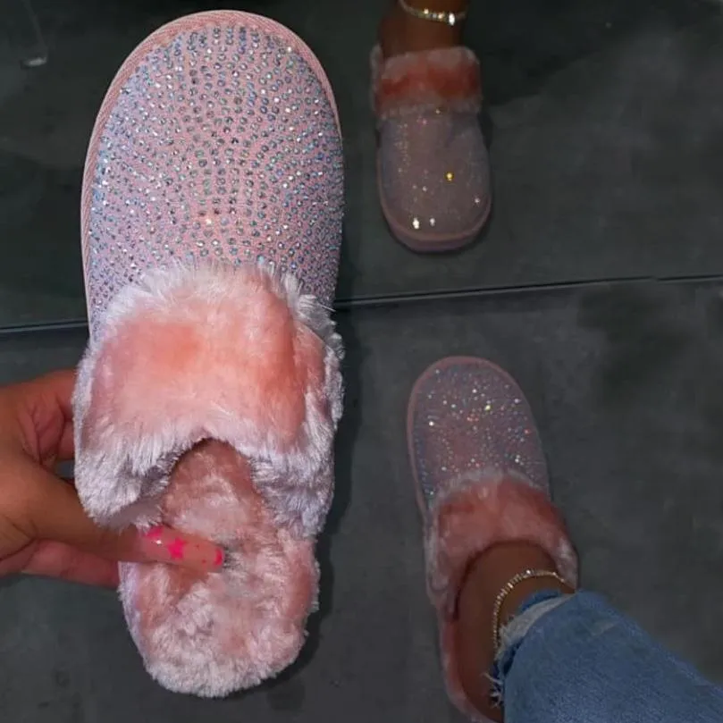 Women Soft Plush Rhinestone Faux Fur Slippers