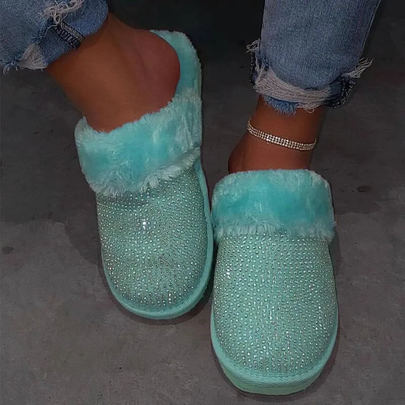 Women Soft Plush Rhinestone Faux Fur Slippers