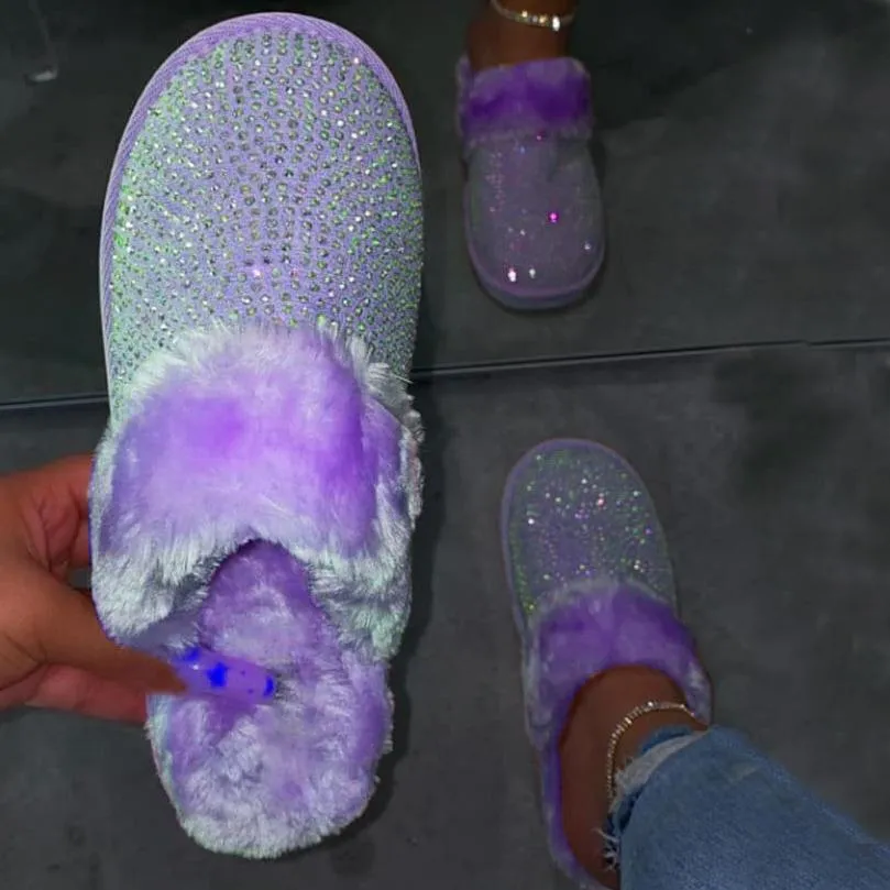 Women Soft Plush Rhinestone Faux Fur Slippers