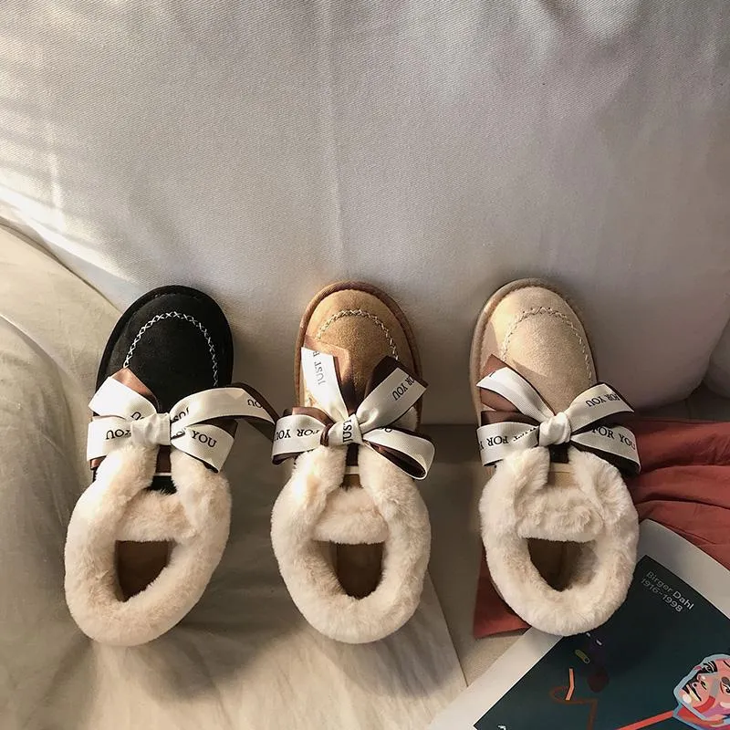 Women Warm Bowknot Suede Ankle Snow Boots Flat Heel Shoes